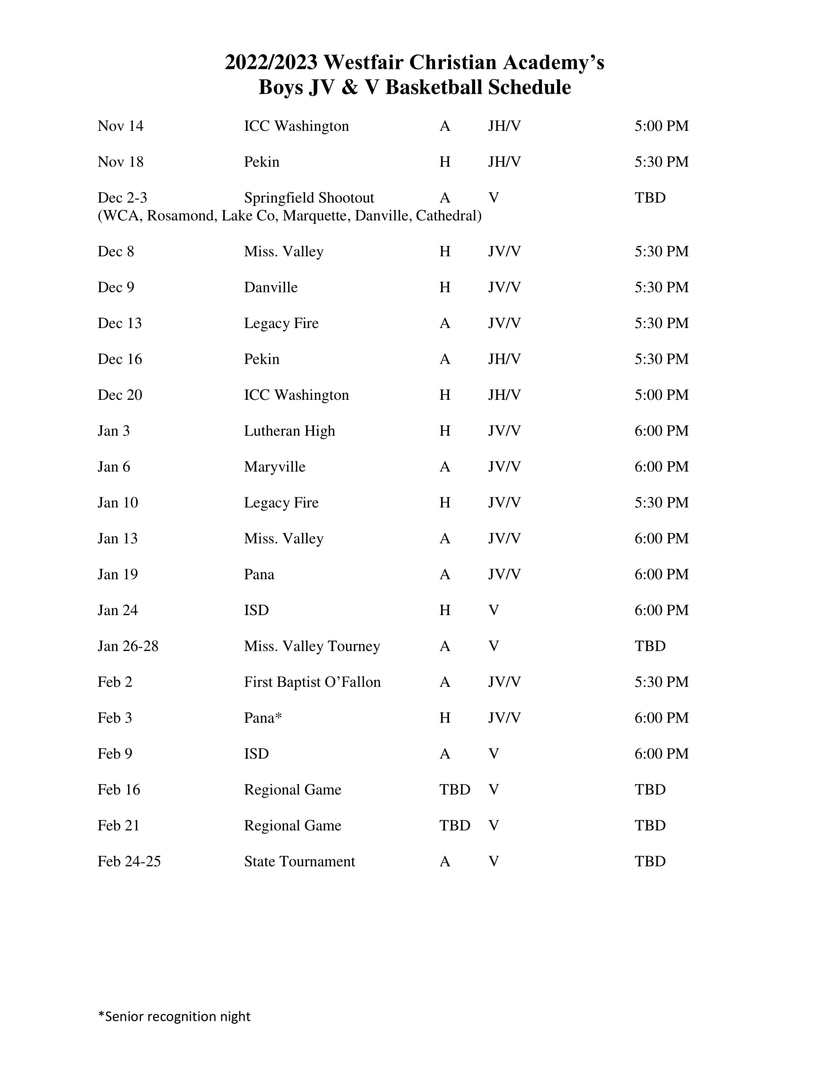 Basketball Schedule Westfair Christian Academy Jacksonville IL